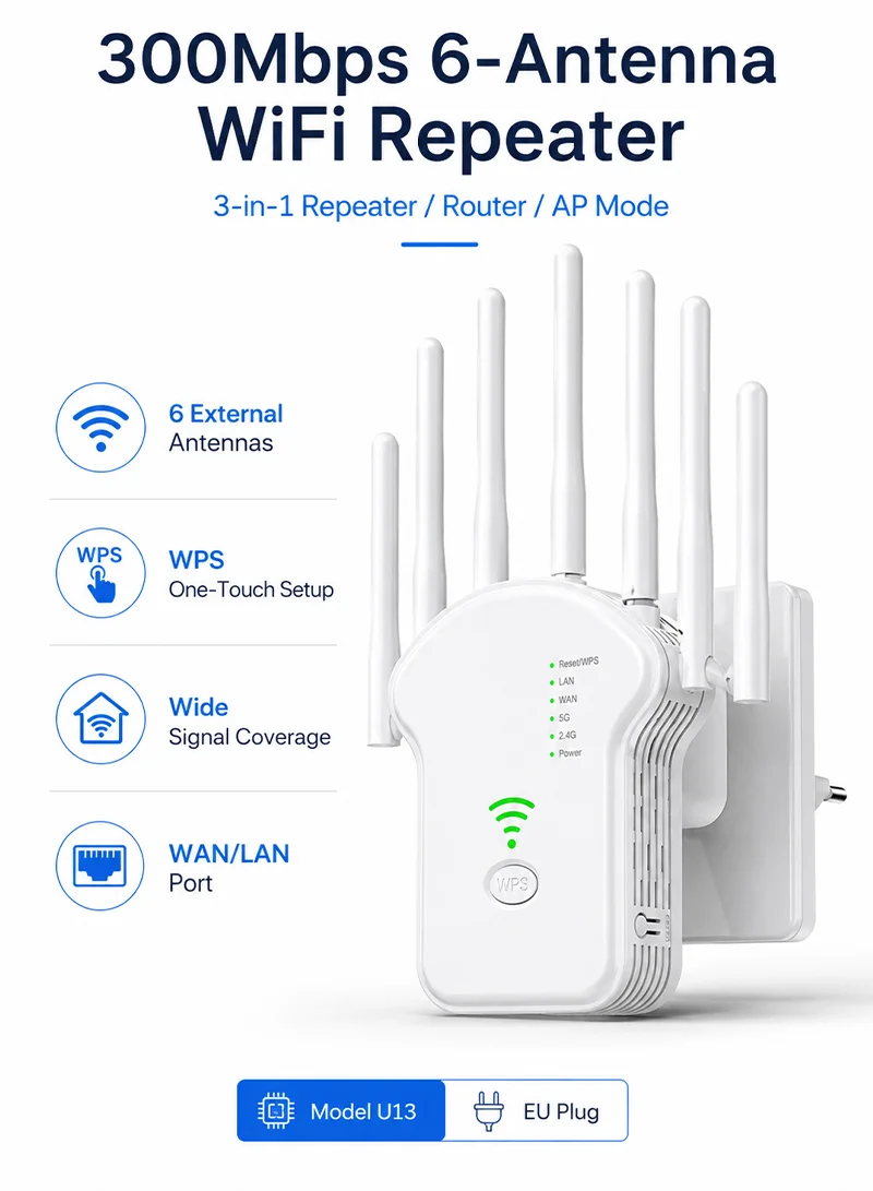 300Mbps 6 antenna 3-in-1 WiFi Repeater Router Enhance Wireless Signals Dual-Band Extender U13 E — photo 2