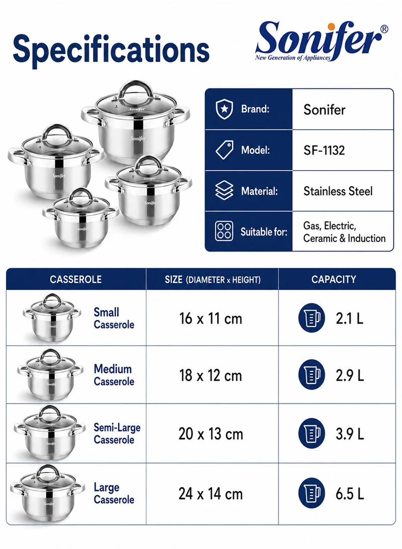 8 Pcs 16/18/20/24cm Stainless Steel Cookware Set Casseroles with 4 Matching Lids β photo 2