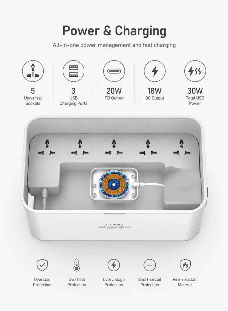 Management Power Strip Box 15W Wireless Charger 10A Power Strip Surge Protector 5 Universal Soc — photo 4