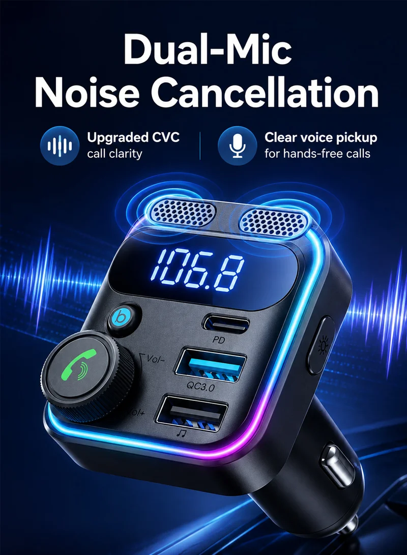 81W Dual-Mic Car Wireless FM Transmitter - Black — photo 3