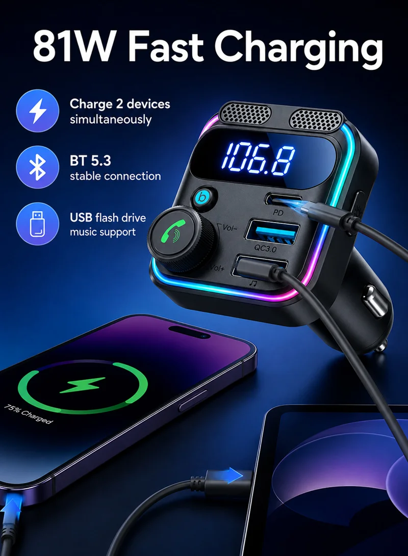 81W Dual-Mic Car Wireless FM Transmitter - Black β photo 5