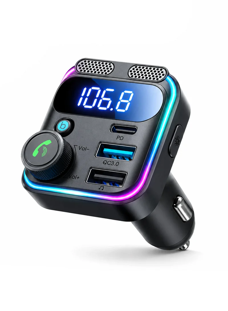 81W Dual-Mic Car Wireless FM Transmitter - Black