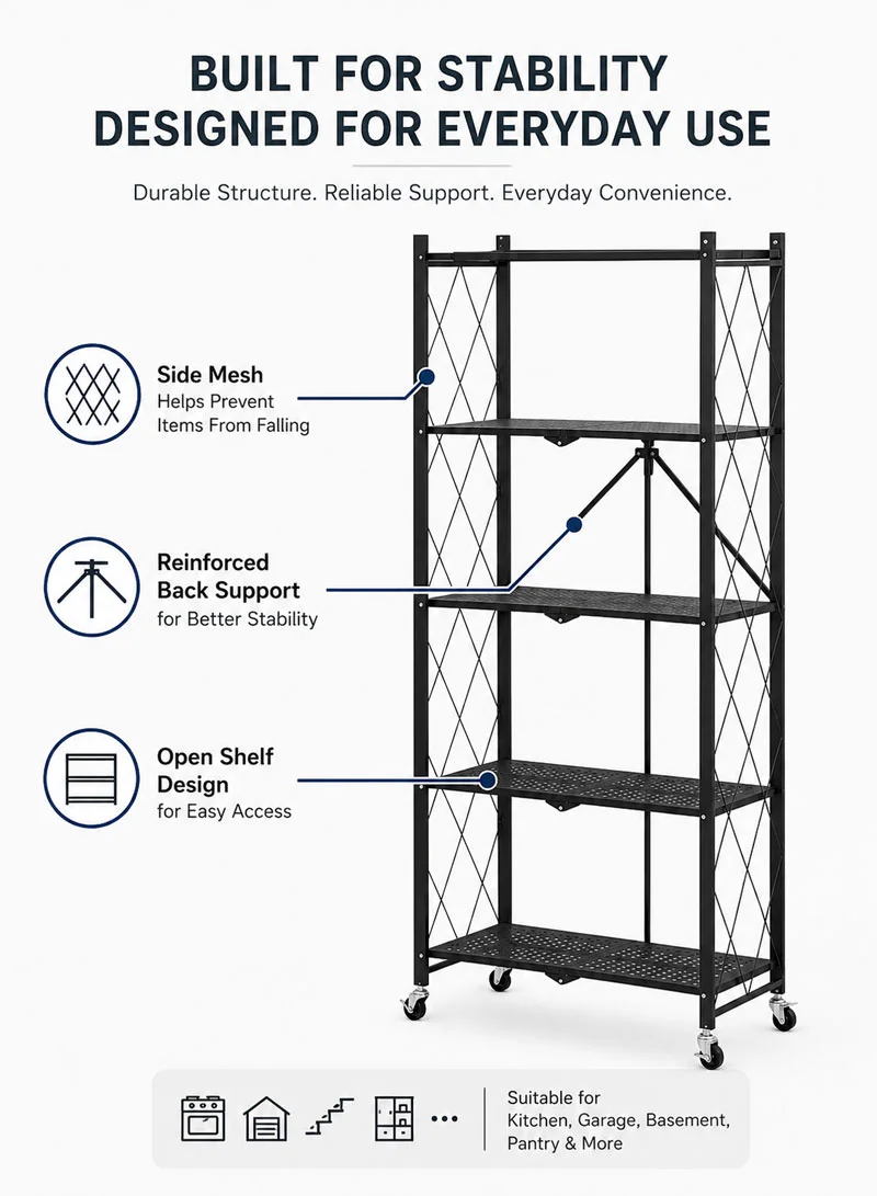 5-Tier Heavy Duty Foldable Storage Shelves With Wheels for Garage Kitchen, Basement & Pantry β photo 6