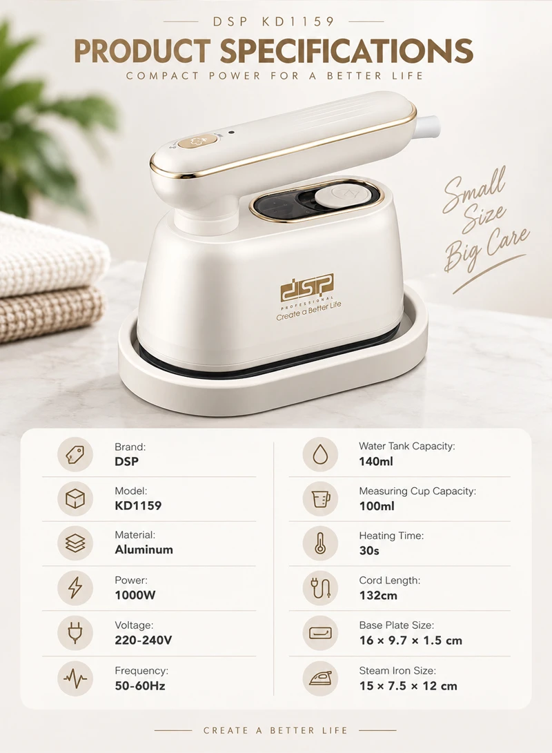 140ml Mini Travel Steam Iron Fast Heating with 100ml Measuring Cup & Base Plate - Off White β photo 5