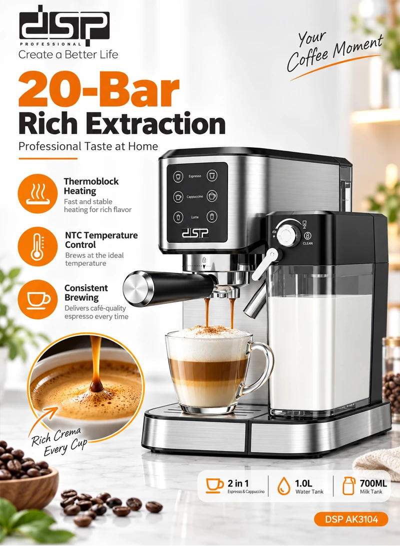 1L 2-in-1 Stainless Steel Coffee Maker with 20Bar Pump Pressure, Milk Tank & 3 Modes — photo 4