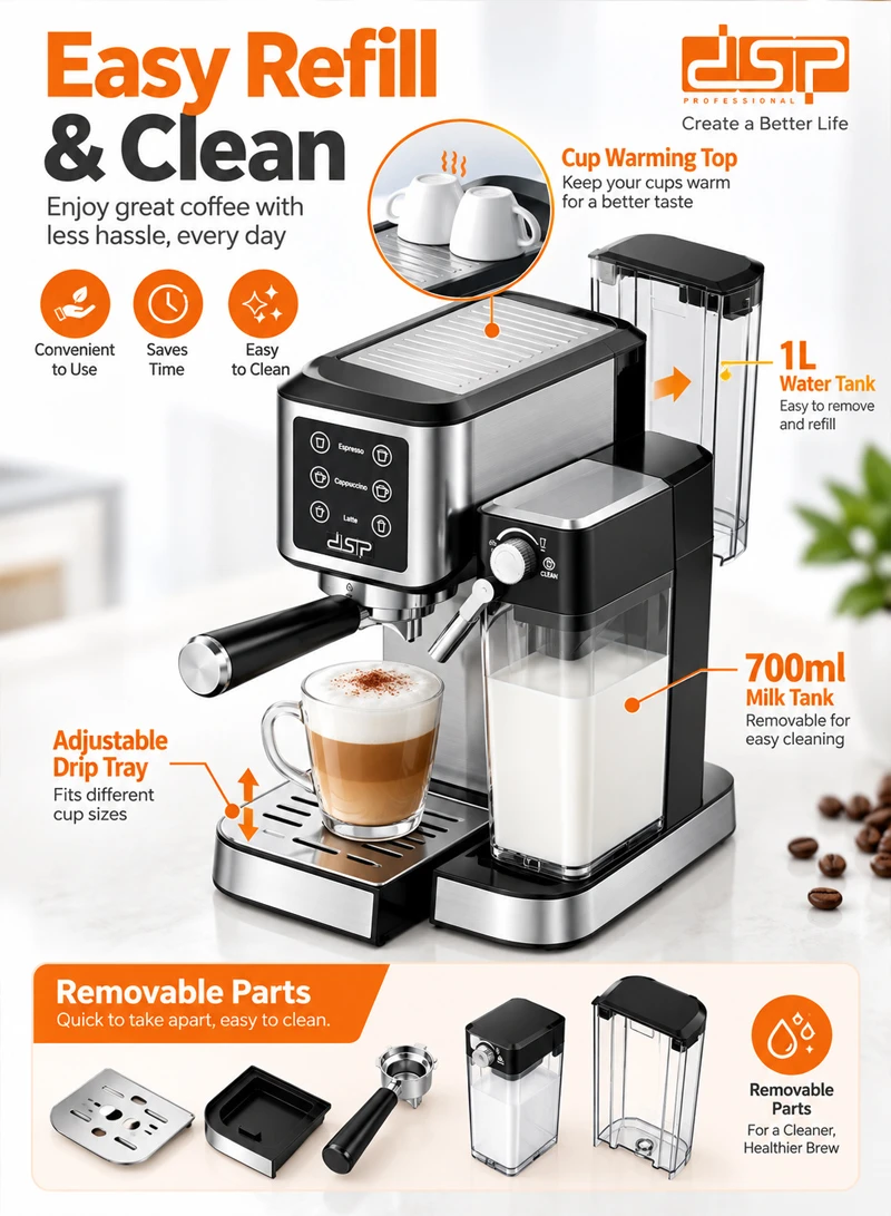 1L 2-in-1 Stainless Steel Coffee Maker with 20Bar Pump Pressure, Milk Tank & 3 Modes — photo 5