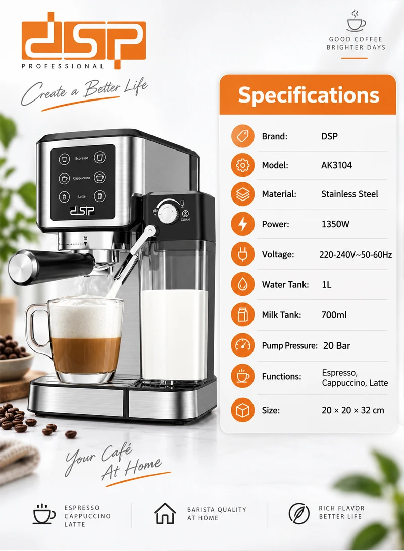 1L 2-in-1 Stainless Steel Coffee Maker with 20Bar Pump Pressure, Milk Tank & 3 Modes β photo 6