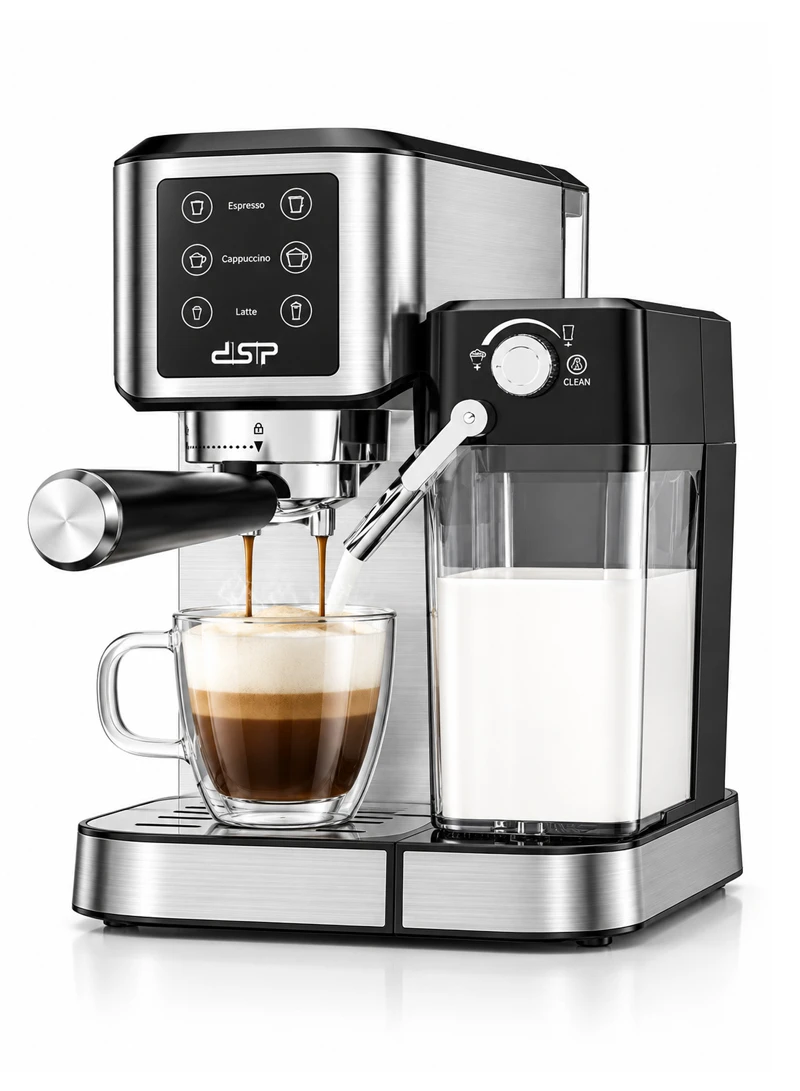 1L 2-in-1 Stainless Steel Coffee Maker with 20Bar Pump Pressure, Milk Tank & 3 Modes