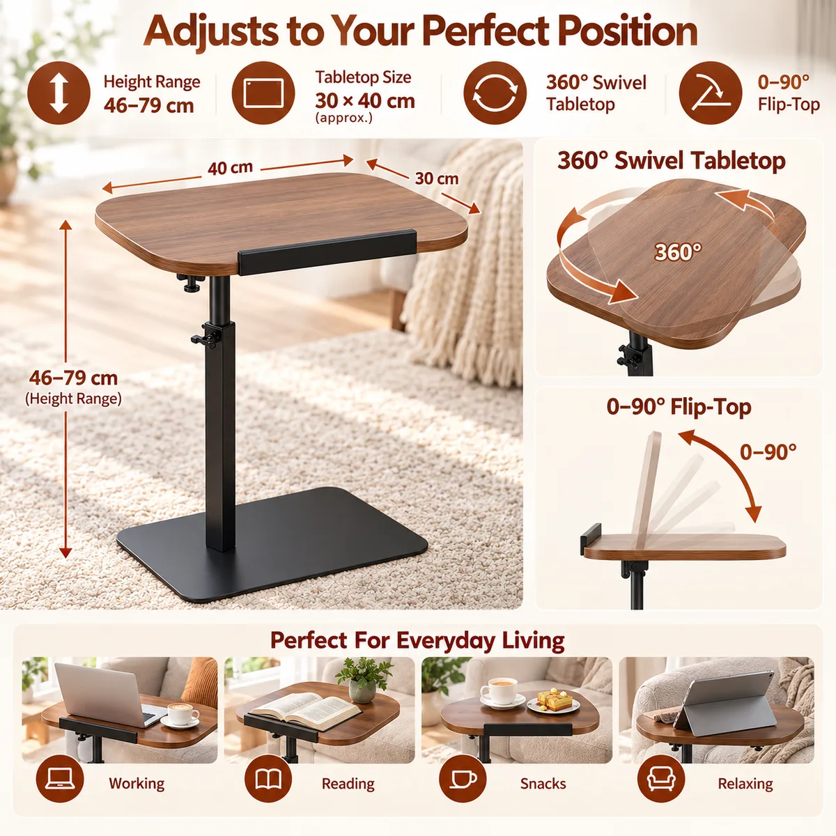 Adjustable C-Shaped Side Table – 360° Swivel Laptop Table — photo 4