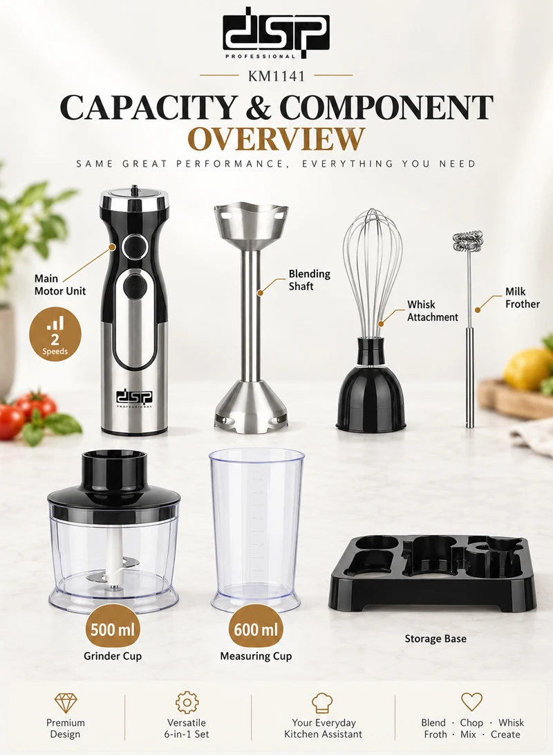 6-In-1 High Power Stainless Steel Hand Blender Set With 2 Speed — photo 2