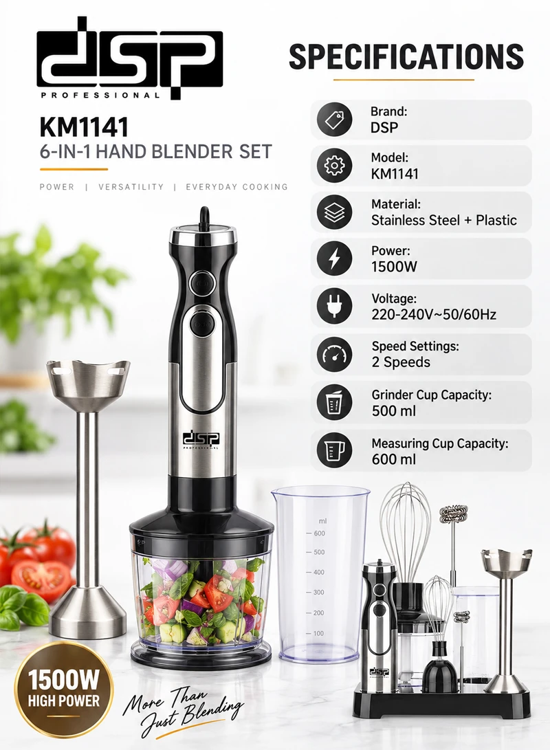 6-In-1 High Power Stainless Steel Hand Blender Set With 2 Speed β photo 6