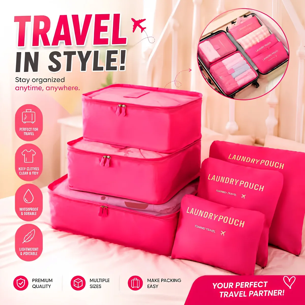 6-Piece Travel Packing Cubes Set – Foldable Luggage Organizer Bags - Saumon