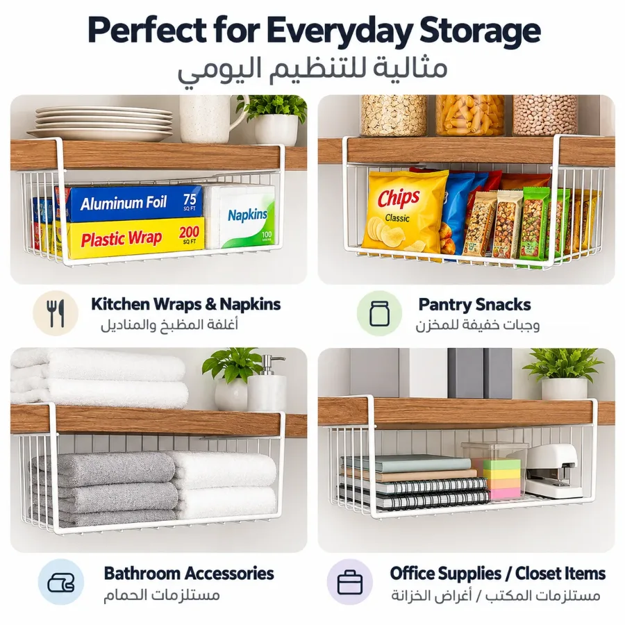 Simple Houseware 2-Pack Under Shelf Wire Metal Basket Shelf, White β photo 4