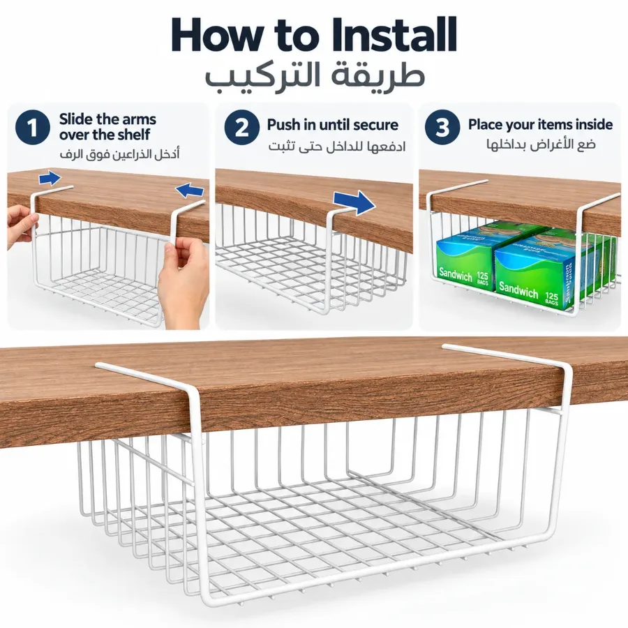 Simple Houseware 2-Pack Under Shelf Wire Metal Basket Shelf, White β photo 5