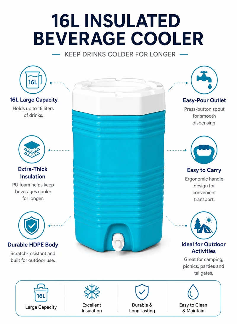 16L Portable Insulated Polyethylene Water Jug Cooler For Outdoor Activities - Blue β photo 3