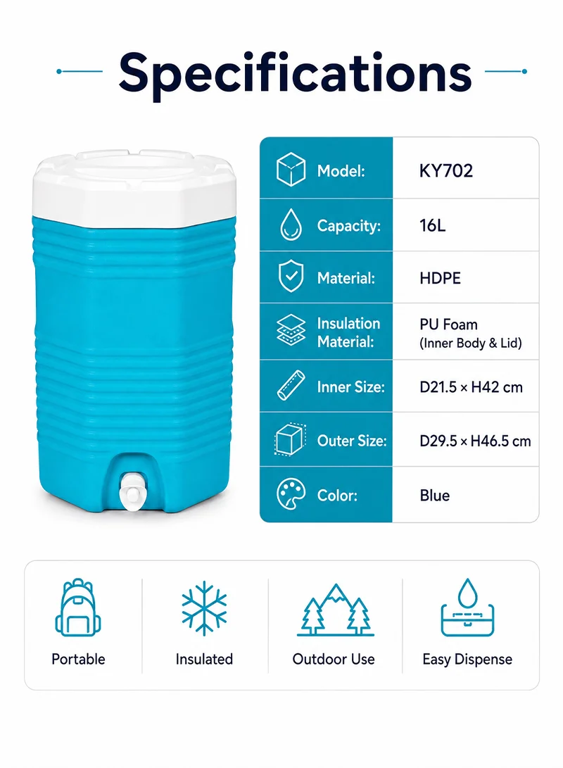 16L Portable Insulated Polyethylene Water Jug Cooler For Outdoor Activities - Blue β photo 5