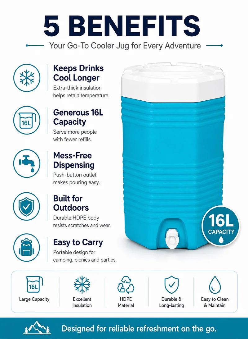 16L Portable Insulated Polyethylene Water Jug Cooler For Outdoor Activities - Blue — photo 8
