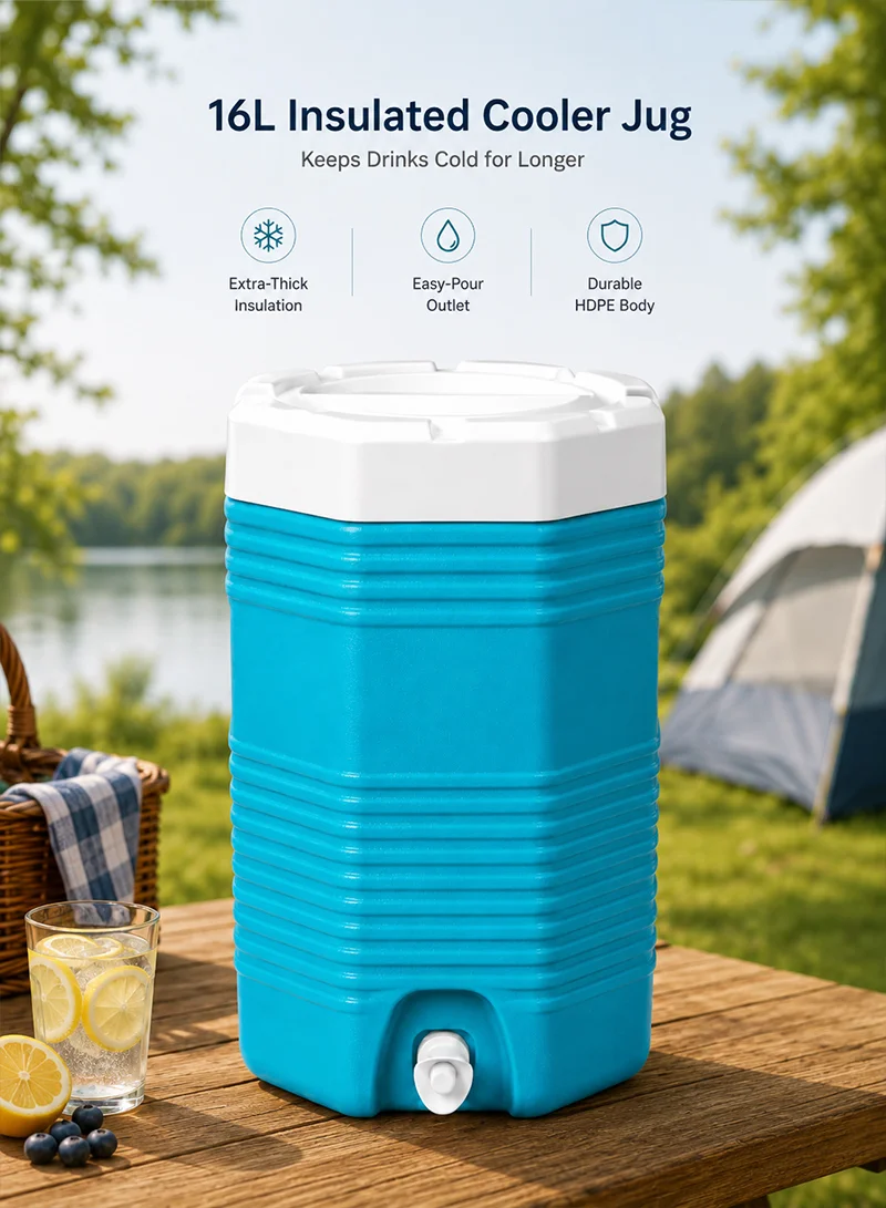 16L Portable Insulated Polyethylene Water Jug Cooler For Outdoor Activities - Blue