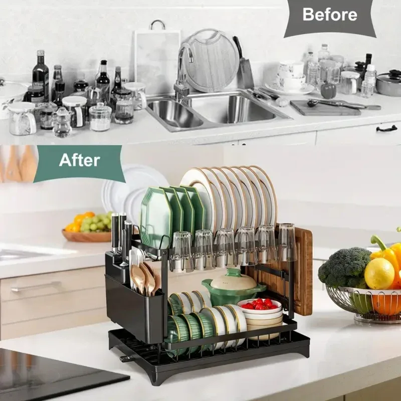 Kitchen 2-Tier Dish Drying Rack with Drainage Tray & Utensil Holders β photo 2