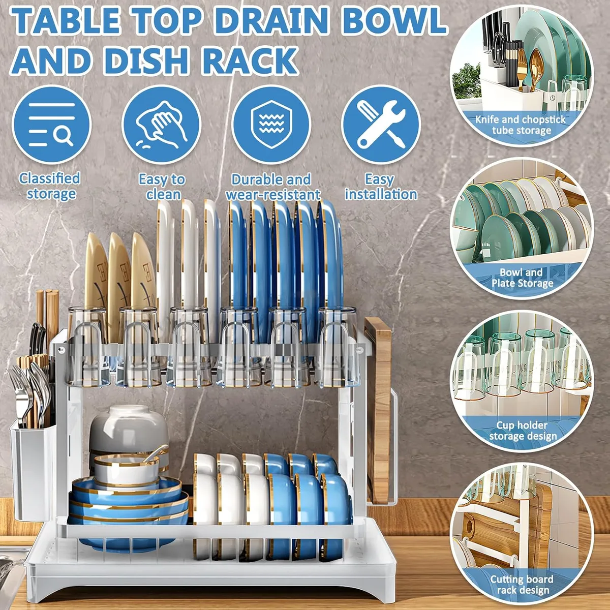 Kitchen 2-Tier Dish Drying Rack with Drainage Tray & Utensil Holders β photo 3