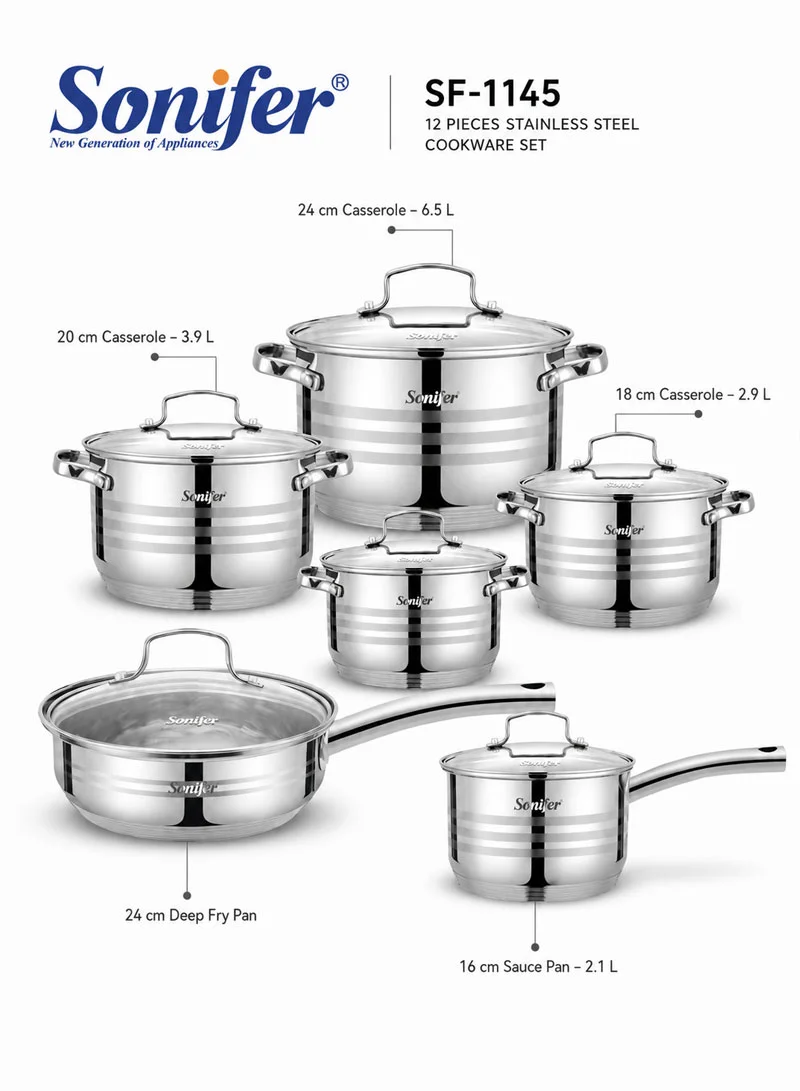 12 Pcs 16/18/20/24cm Stainless Steel Cookware Set Casseroles with Deep Frypan, Sauce Pan & 6 Ma — photo 2