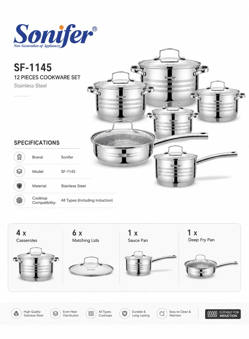12 Pcs 16/18/20/24cm Stainless Steel Cookware Set Casseroles with Deep Frypan, Sauce Pan & 6 Ma β photo 4
