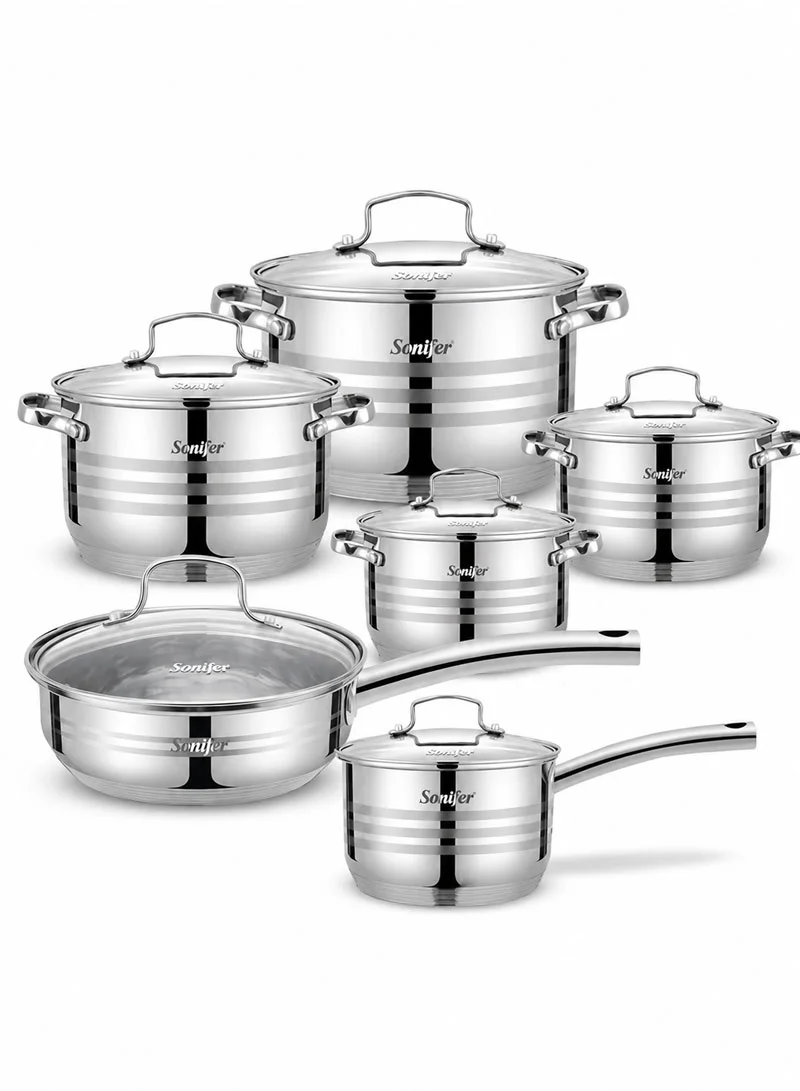 12 Pcs 16/18/20/24cm Stainless Steel Cookware Set Casseroles with Deep Frypan, Sauce Pan & 6 Ma