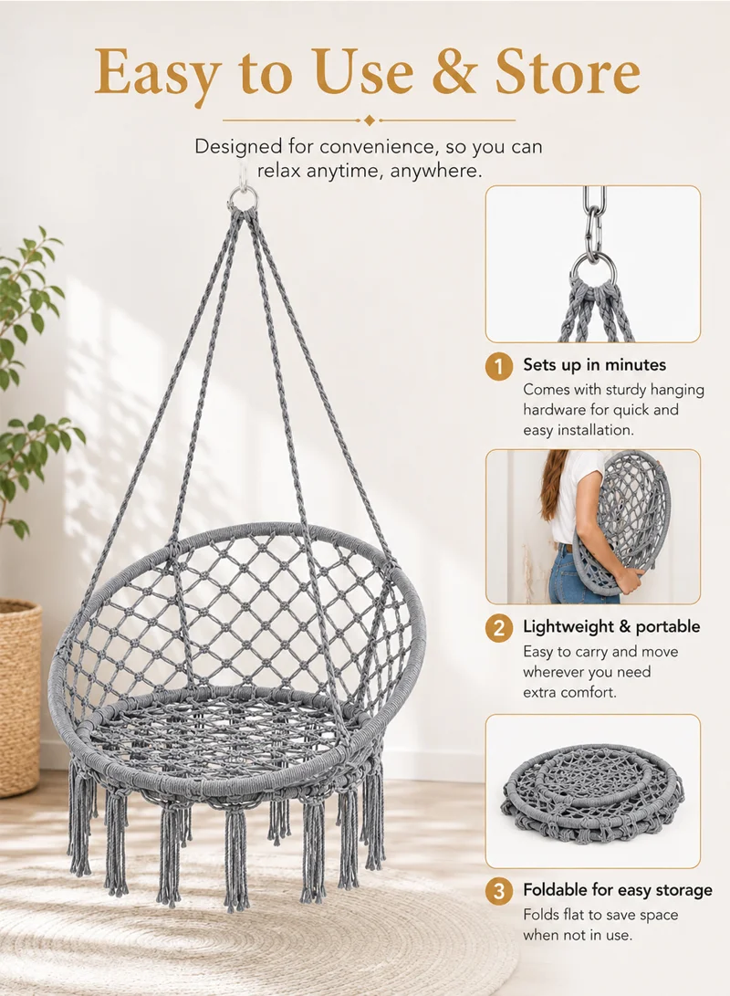Cotton Hanging Chair Swings Comfortable Sturdy Knitted For Living Room & Patio - Grey β photo 5