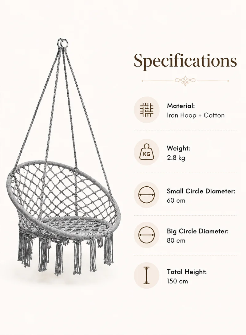 Cotton Hanging Chair Swings Comfortable Sturdy Knitted For Living Room & Patio - Grey — photo 6