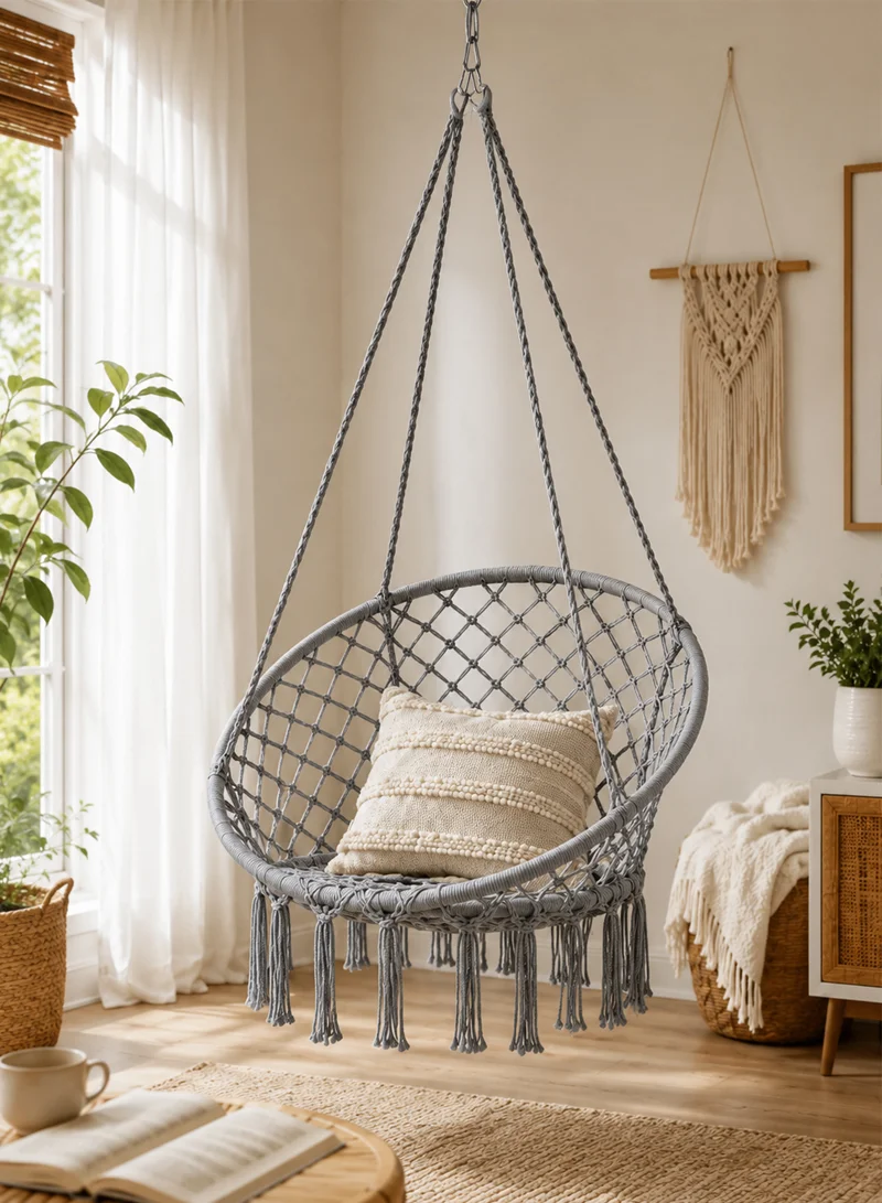 Cotton Hanging Chair Swings Comfortable Sturdy Knitted For Living Room & Patio - Grey — photo 9