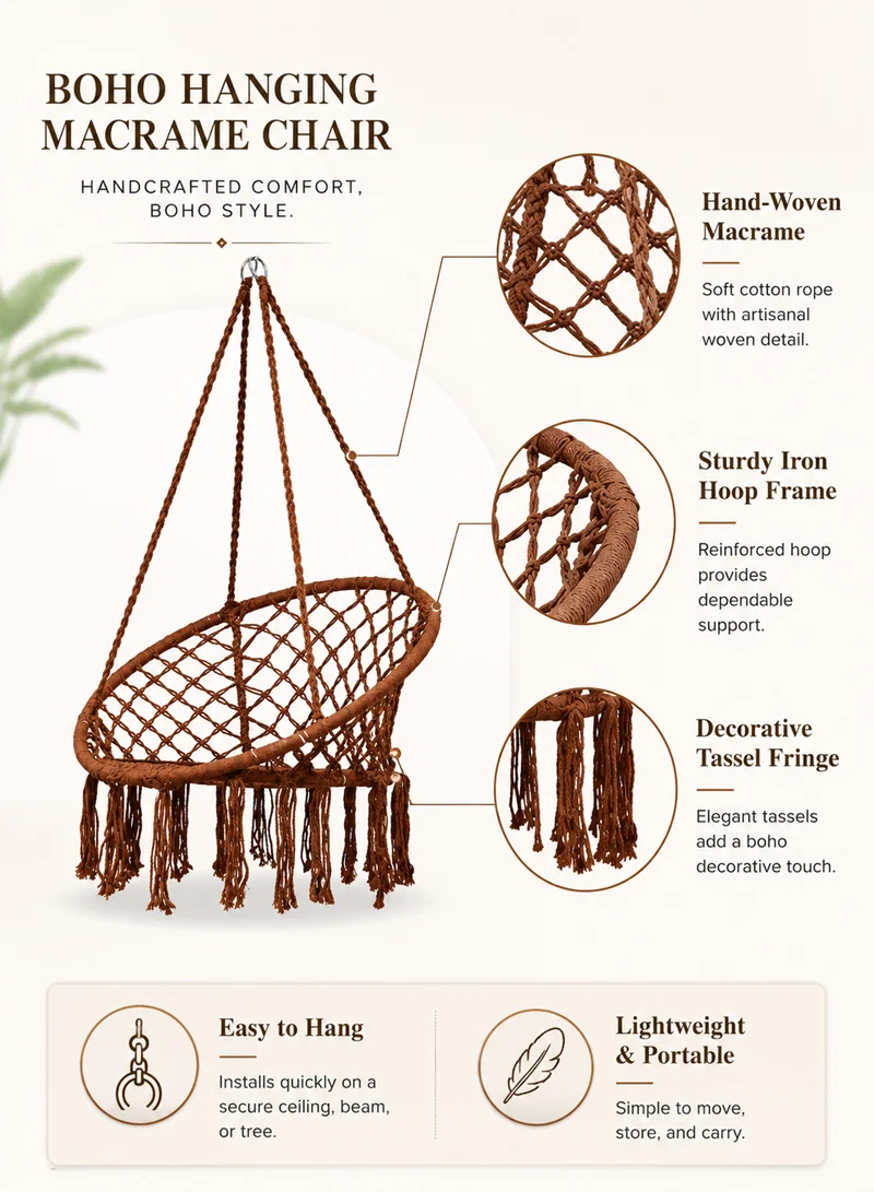 Cotton Hanging Chair Swings Comfortable Sturdy Knitted For Living Room & Patio-Brown — photo 3