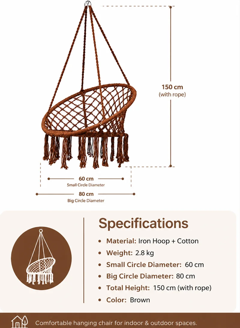 Cotton Hanging Chair Swings Comfortable Sturdy Knitted For Living Room & Patio-Brown β photo 4