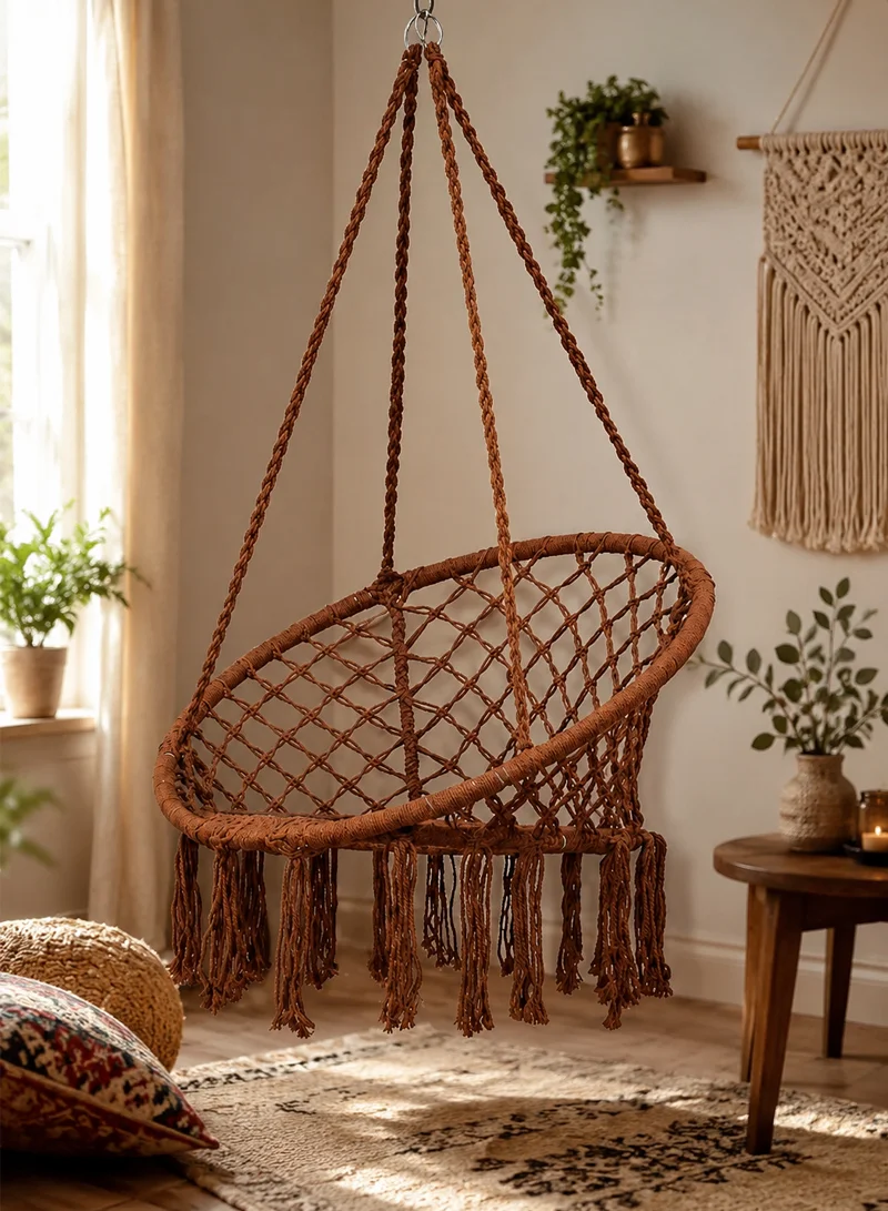 Cotton Hanging Chair Swings Comfortable Sturdy Knitted For Living Room & Patio-Brown β photo 6