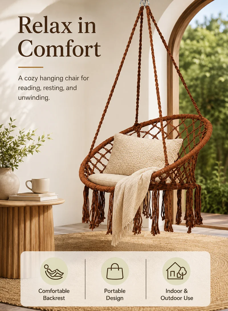 Cotton Hanging Chair Swings Comfortable Sturdy Knitted For Living Room & Patio-Brown β photo 9