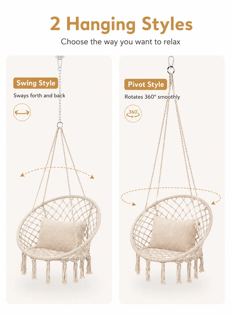 Cotton Hanging Chair Swings Comfortable Sturdy Knitted For Living Room & Patio - Beige β photo 3