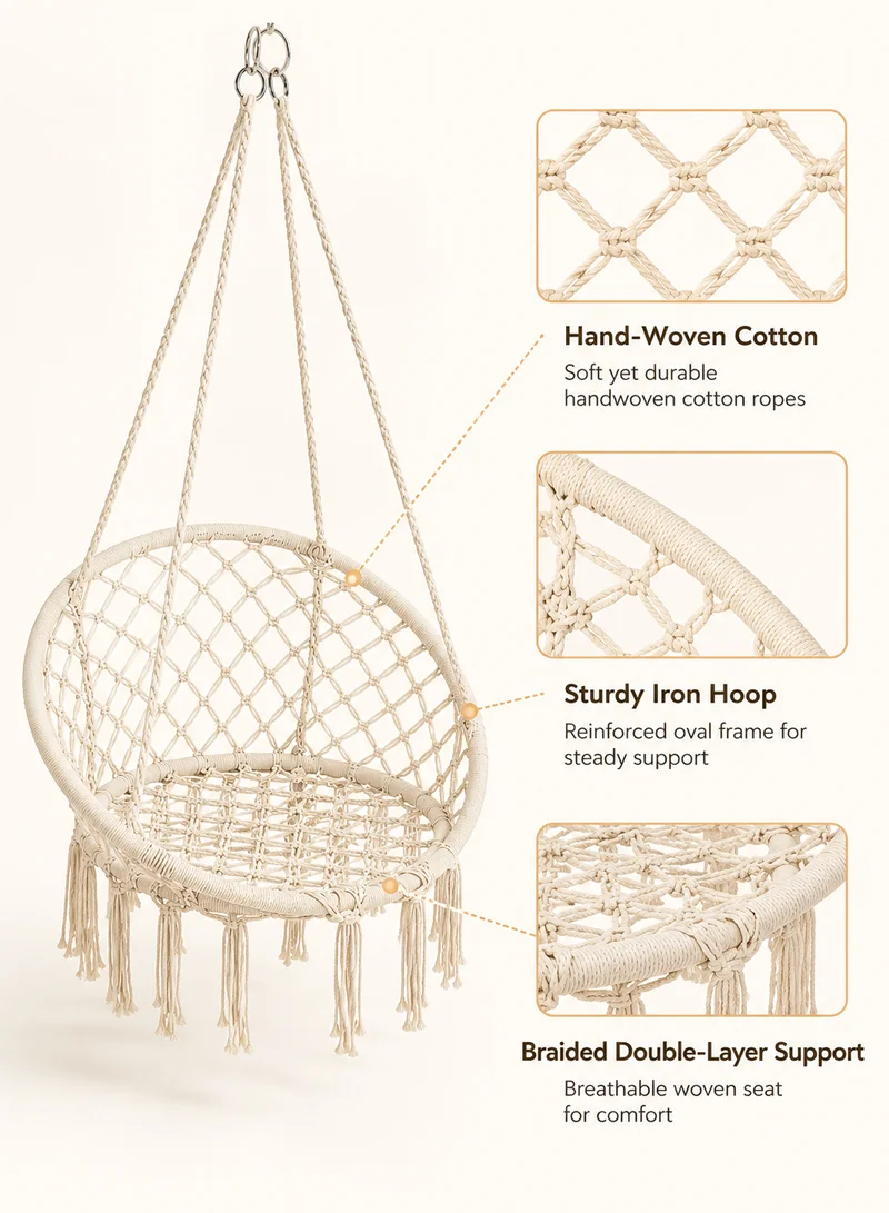 Cotton Hanging Chair Swings Comfortable Sturdy Knitted For Living Room & Patio - Beige β photo 4