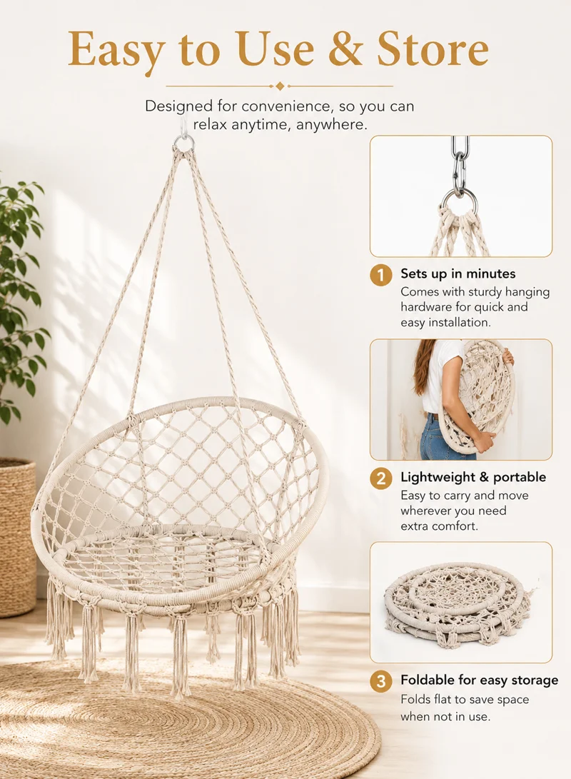 Cotton Hanging Chair Swings Comfortable Sturdy Knitted For Living Room & Patio - Beige β photo 5