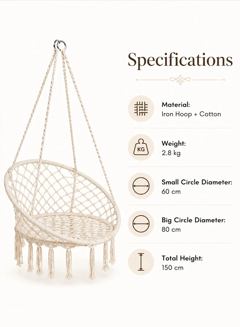 Cotton Hanging Chair Swings Comfortable Sturdy Knitted For Living Room & Patio - Beige — photo 6