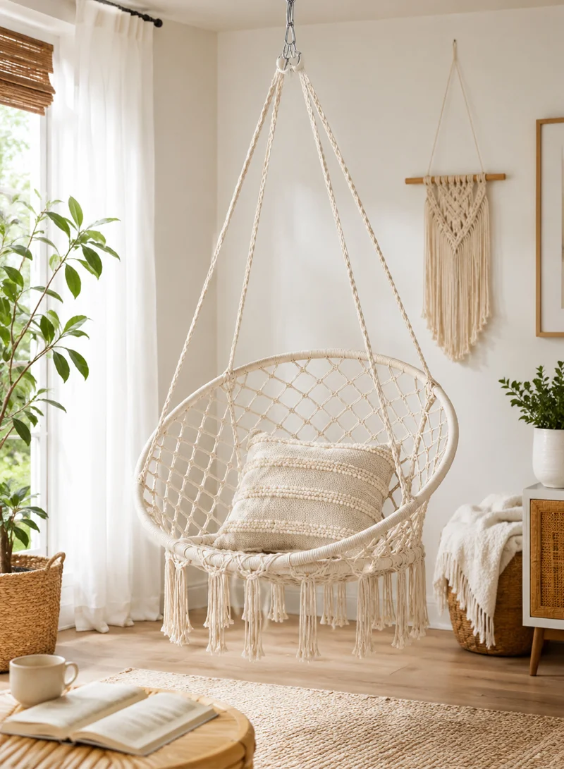 Cotton Hanging Chair Swings Comfortable Sturdy Knitted For Living Room & Patio - Beige β photo 8