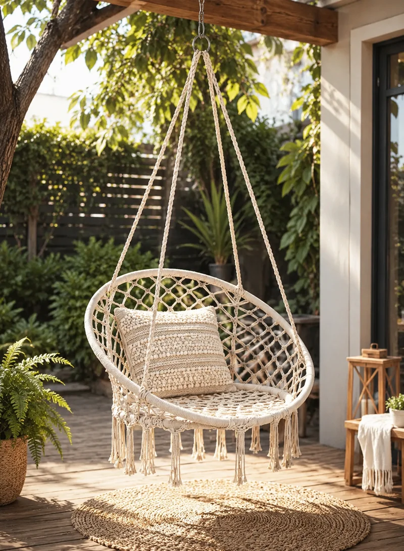 Cotton Hanging Chair Swings Comfortable Sturdy Knitted For Living Room & Patio - Beige — photo 9