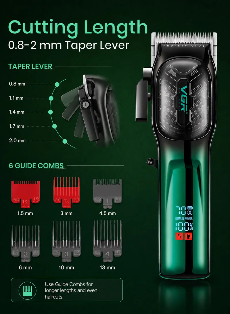 Professional Hair Clipper 20-Minute Runtime, LED Display & 6 Guide Combs, DC Motor - Green β photo 2