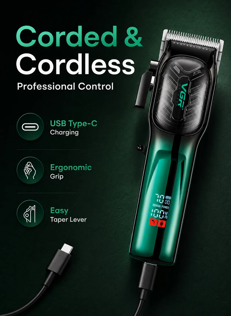 Professional Hair Clipper 20-Minute Runtime, LED Display & 6 Guide Combs, DC Motor - Green — photo 3