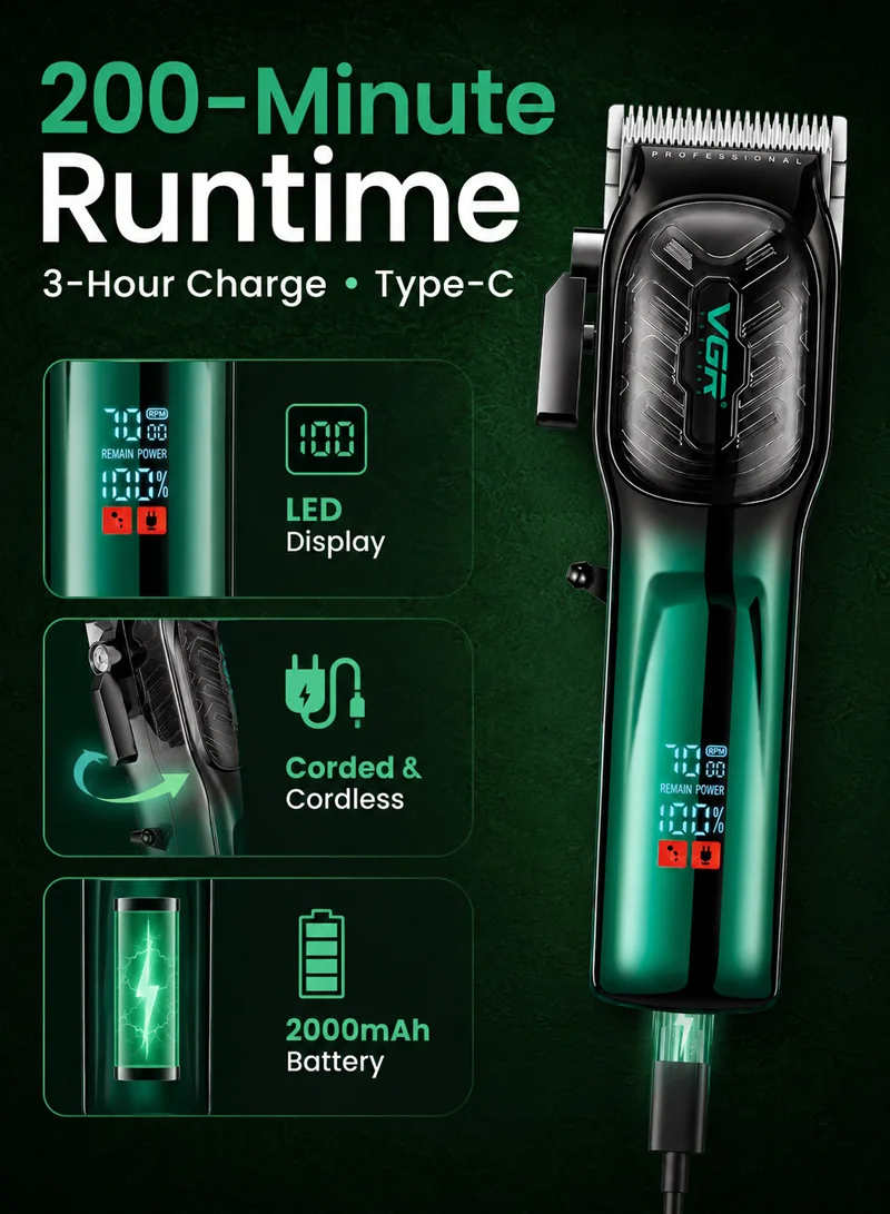 Professional Hair Clipper 20-Minute Runtime, LED Display & 6 Guide Combs, DC Motor - Green — photo 5