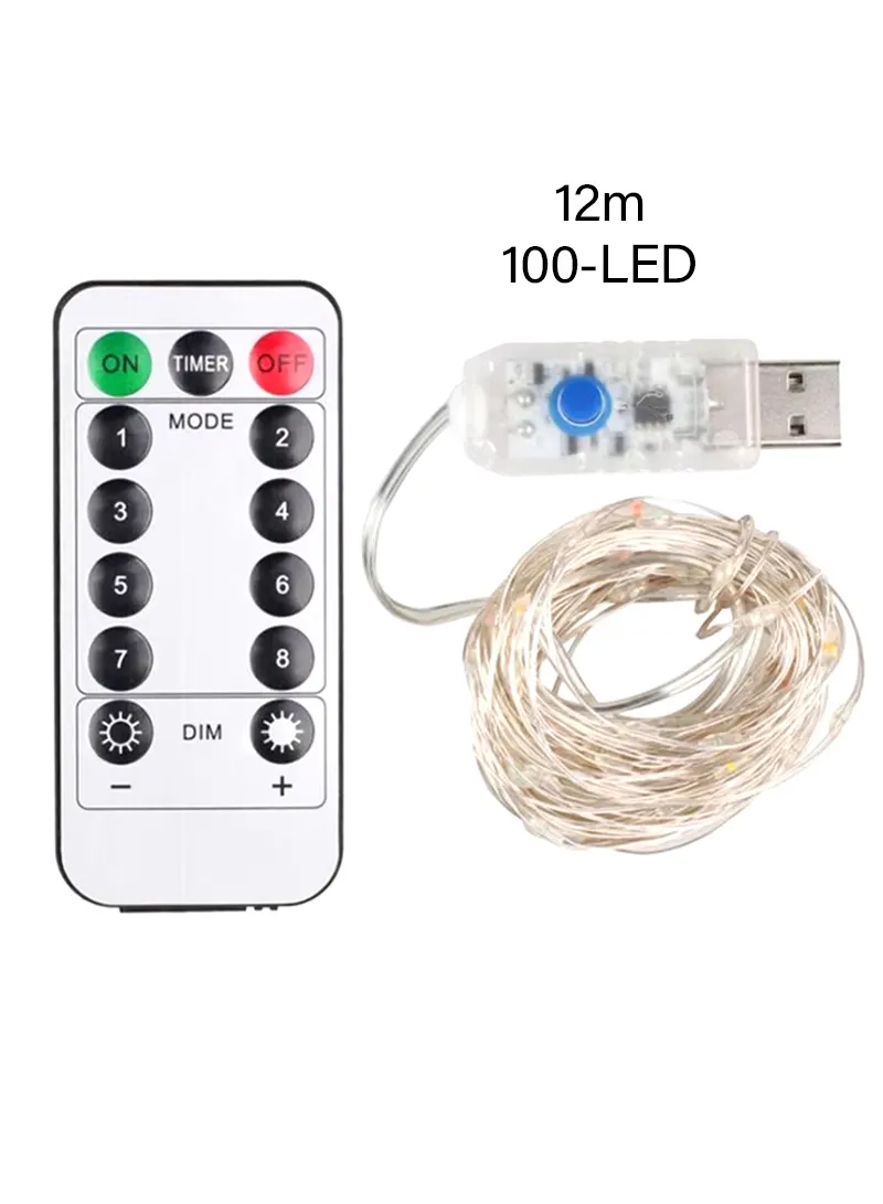 12m USB Powered Copper Wire String Light, Flexible Rope Light with 8 Lighting Modes & Remote Co β photo 2