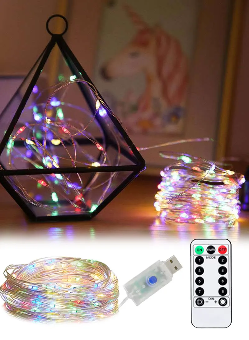 12m USB Powered Copper Wire String Light, Flexible Rope Light with 8 Lighting Modes & Remote Co