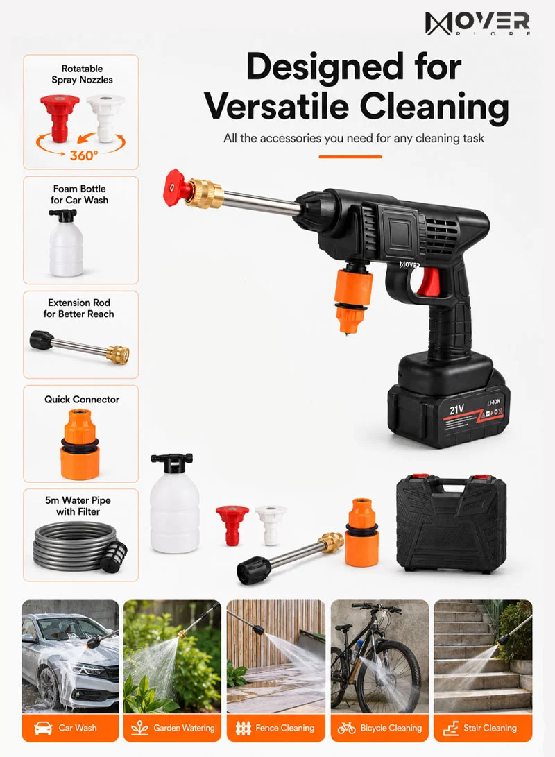 12Ah 21V Cordless Pressure Washer, 45Bar High Pressure Brushless Car Wash Gun with Foam Bottle β photo 3