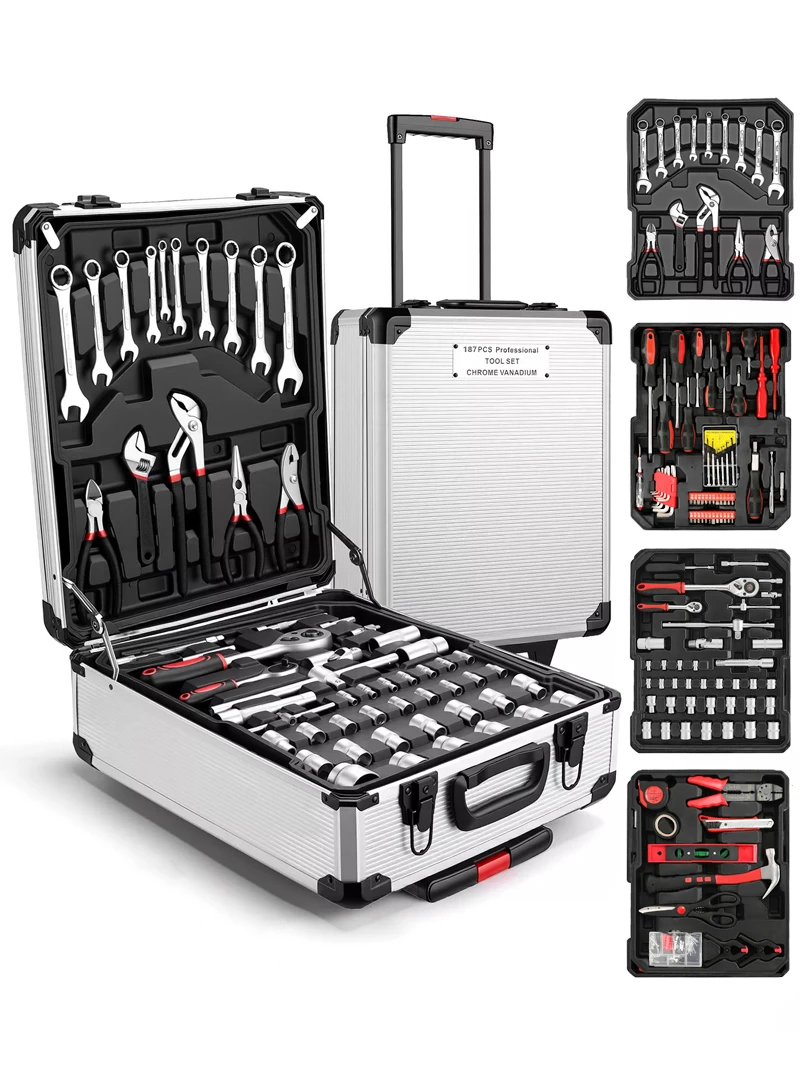 187Pcs 4-Layer Chrome Vanadium Tool Set with Telescoping Handle & 2 Wheels