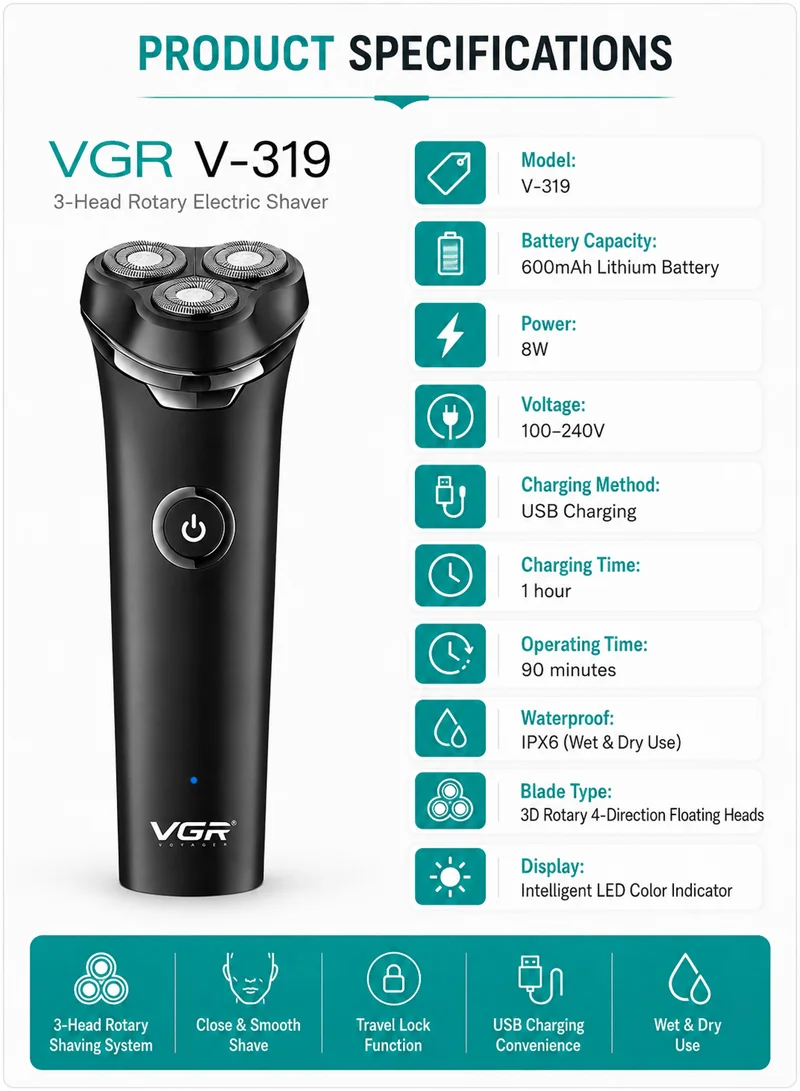 Cordless Rechargeable Fully Waterproof 3 Head Electric Shaver Wet & Dry Rotary Shavers With Mag β photo 7