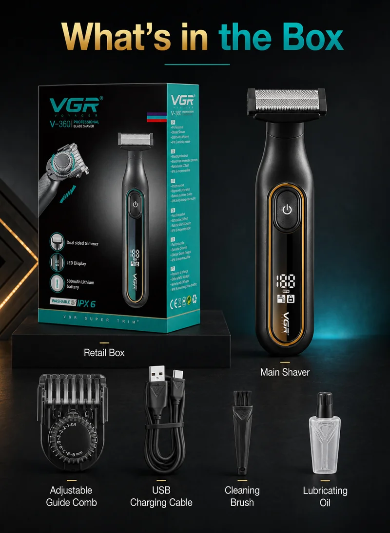 Dual-Sided Rechargeable Waterproof Shaver with Adjustable Guide Combs & LED Display - Black & G β photo 8