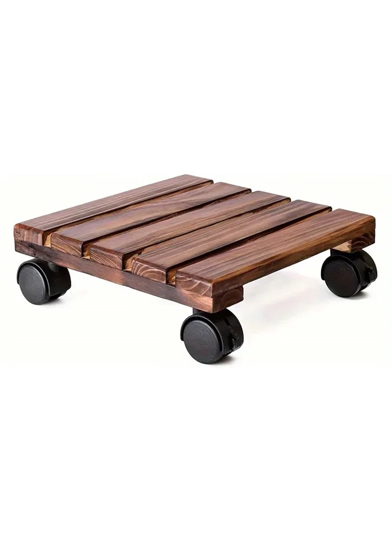 25x25cm Square Wooden Plant Pot Tray with Wheels, Multi-Use Flower Pots Thickened Rolling Base — photo 2